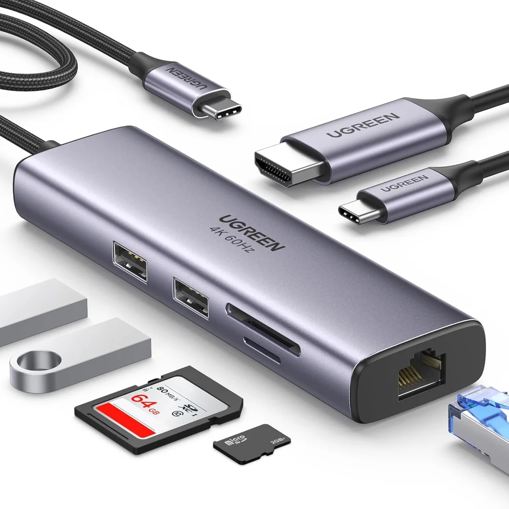 Imagem 1 de 5 do produto Ugreen Revodok 7 Em 1 (modelo 60515) Adaptador Hub Usb C - HDMI 4k 60hz, Ethernet Rj45 Gigabit, Leitor Cartão Sd Tf, Tipo-c Pd 100w, Docking Station,