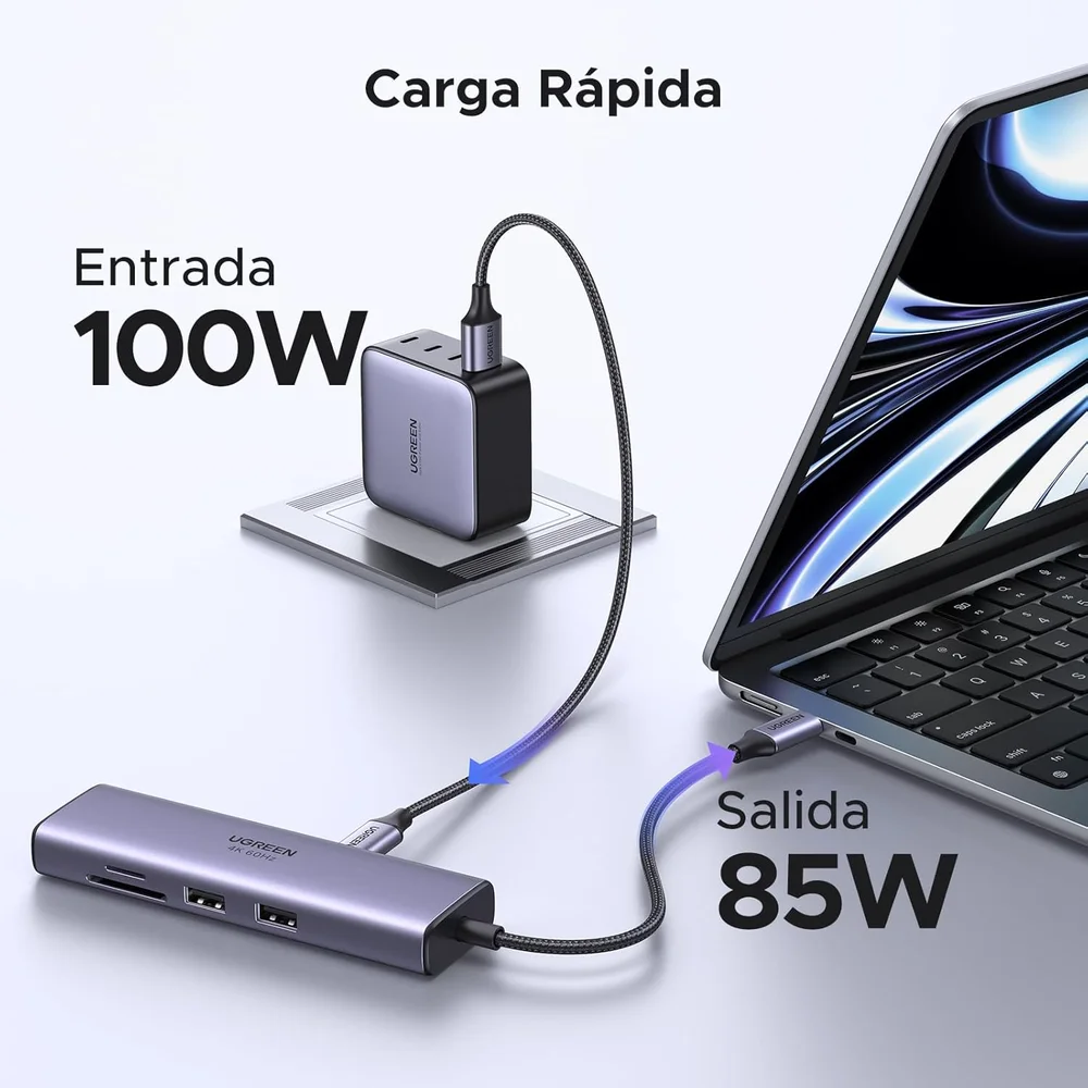 Imagem 2 de 5 do produto Ugreen Revodok 7 Em 1 (modelo 60515) Adaptador Hub Usb C - HDMI 4k 60hz, Ethernet Rj45 Gigabit, Leitor Cartão Sd Tf, Tipo-c Pd 100w, Docking Station,