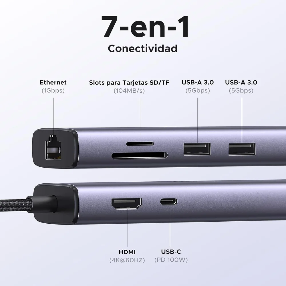 Imagem 3 de 5 do produto Ugreen Revodok 7 Em 1 (modelo 60515) Adaptador Hub Usb C - HDMI 4k 60hz, Ethernet Rj45 Gigabit, Leitor Cartão Sd Tf, Tipo-c Pd 100w, Docking Station,