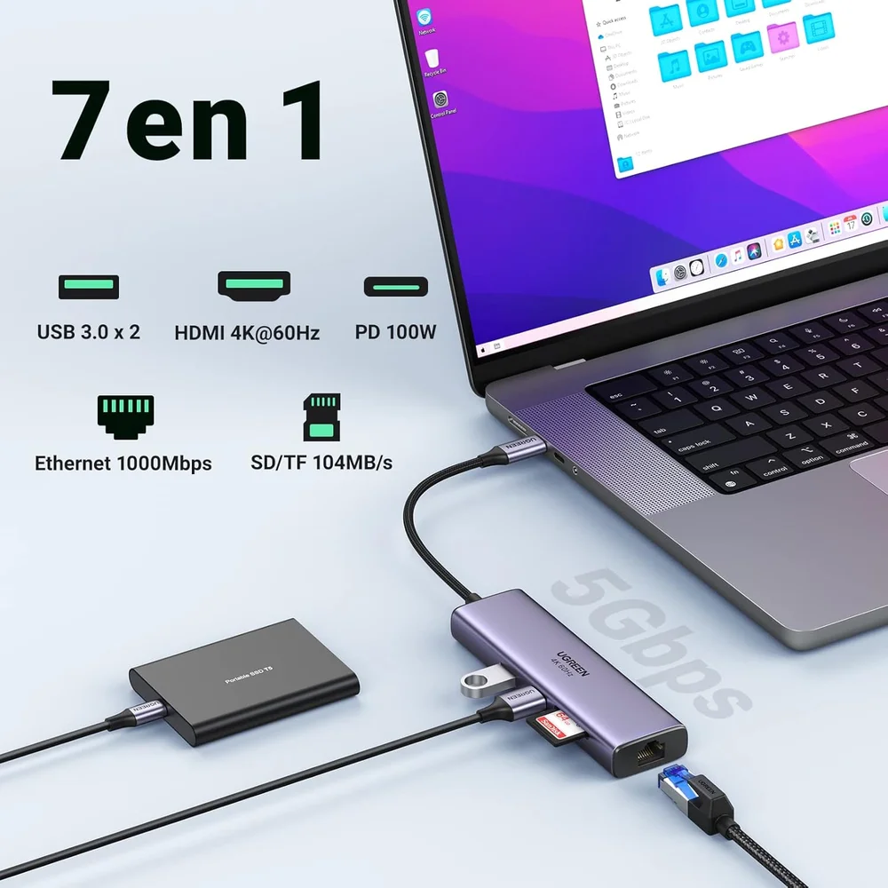Imagem 5 de 5 do produto Ugreen Revodok 7 Em 1 (modelo 60515) Adaptador Hub Usb C - HDMI 4k 60hz, Ethernet Rj45 Gigabit, Leitor Cartão Sd Tf, Tipo-c Pd 100w, Docking Station,