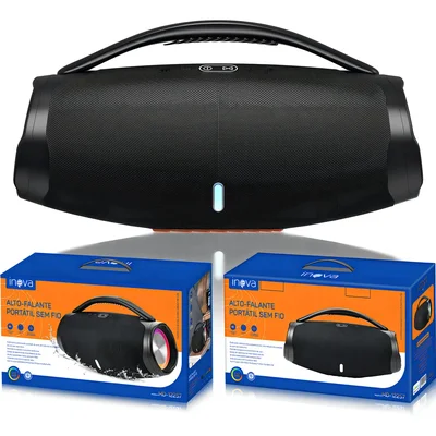 Caixa De Som Inova Tws Portátil Bluetooth 5.3 Alto-falante Estéreo Alta Fidelidade Bateria 5 H Party Com LEDs RGB Design Preto Para Festas Campi