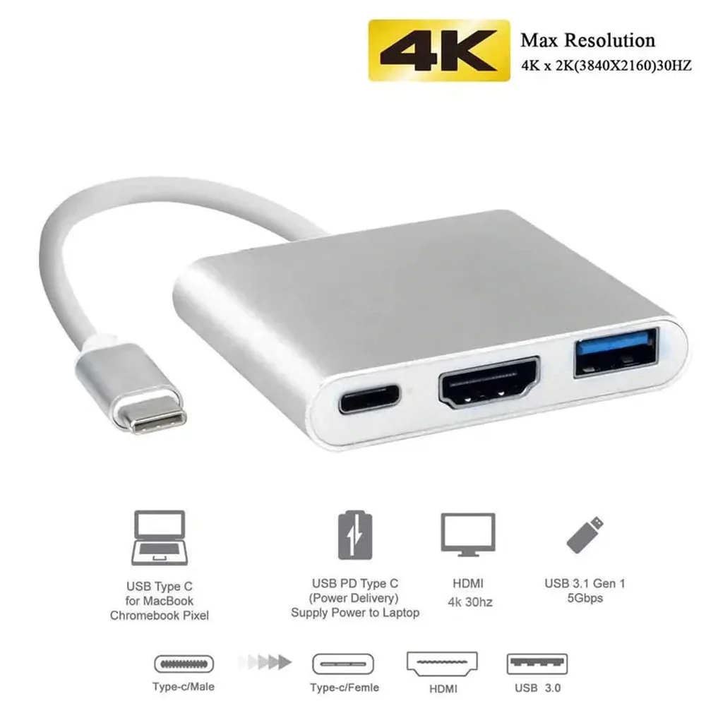 Imagem 5 de 5 do produto Cabo Adaptador 3 Em 1 Conversor Usb Tipo-c Para HDMI + Usb 3.0 + Tipo C