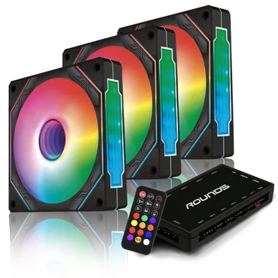 Kit Fan Com 3 Unidades Round5 Aurora Black, ARGB, 120mm, Com Controladora, Pwm, Preto, R5-kit-aurora-fw-b-2219