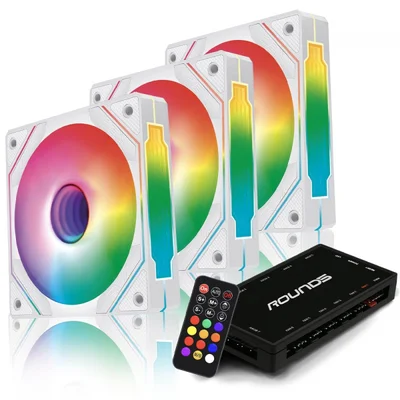 Kit Fan Com 3 Unidades Round5 Aurora White, ARGB, 120mm, Com Controladora, Pwm, Branco, R5-kit-aurora-fw-w-2218