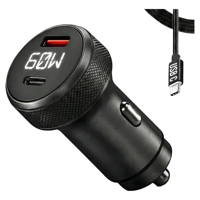 Kit Tomada Veicular Usb Carregador Turbo Carro Plug Acendedor 60w Display LED Tipo C Android Ios Portátil Rápido Embutir Voltímetro Usb-c