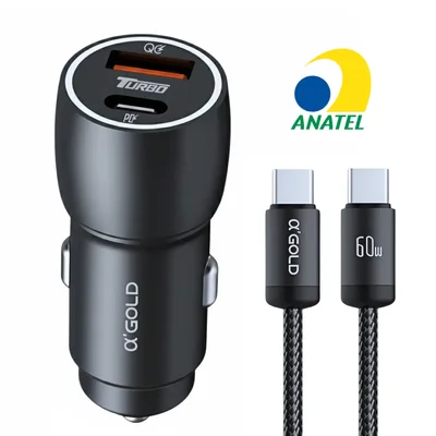 Carregador Veicular Turbo 60w Usb-c Pro Preto + Cabo Duas Portas Usb 3.0 + Usb-c LED Premium Compatível Com Iphone E Android Ios Super Rápido Carros