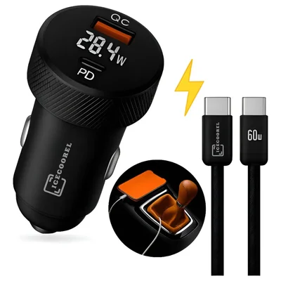 Kit Carregador Veicular Turbo 60w Usb-c Automotivo Carro Usb Iphone Android Tomada Carro Voltímetro Display