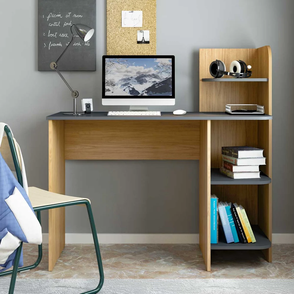 Imagem 4 de 5 do produto Escrivaninha P/ Notebook Link Carvalho Com Grafite Com 3 Prateleiras - Artely