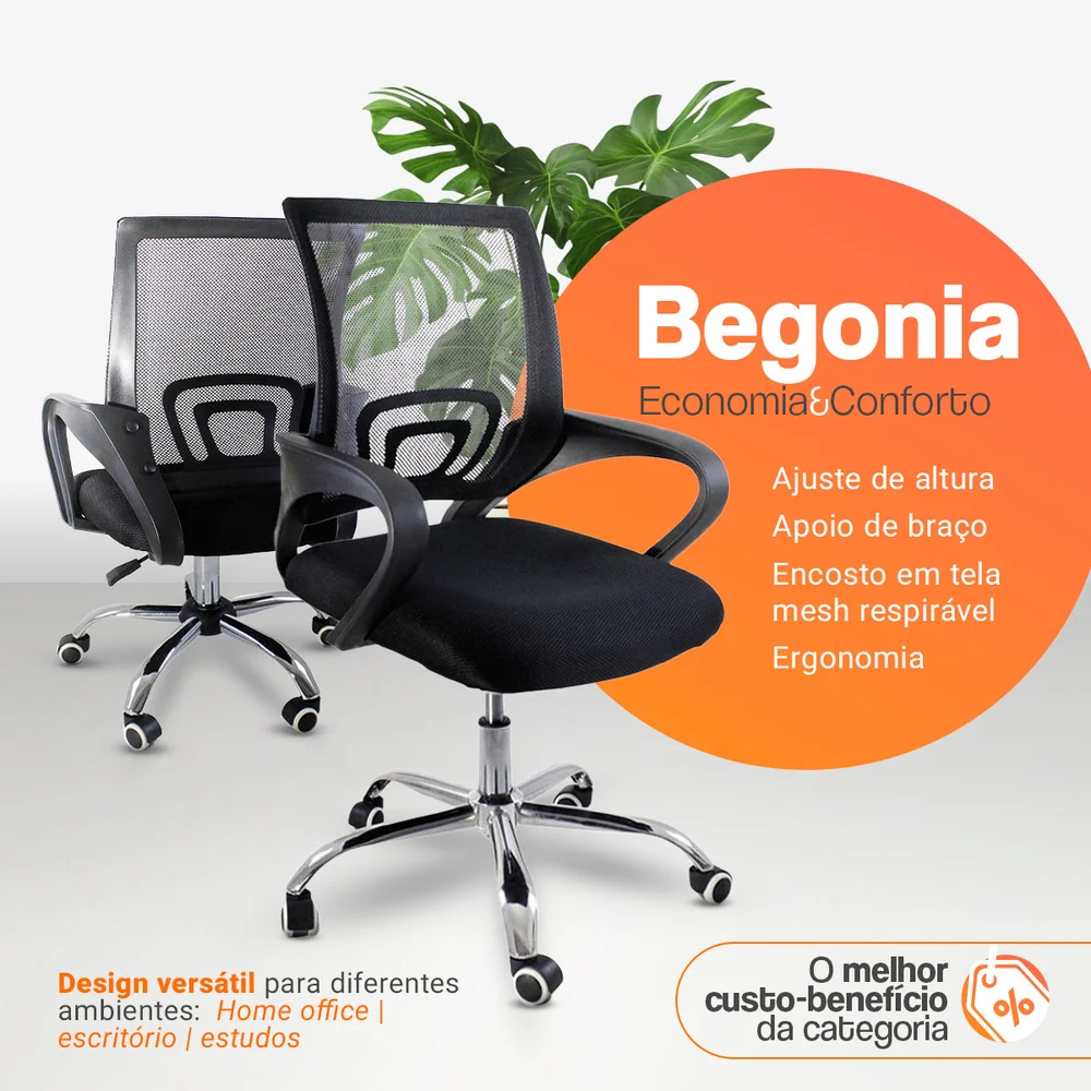 Imagem 4 de 5 do produto Cadeira de Escritório Prioriza Begônia Tela Mesh Ergonômica Giratória Preta