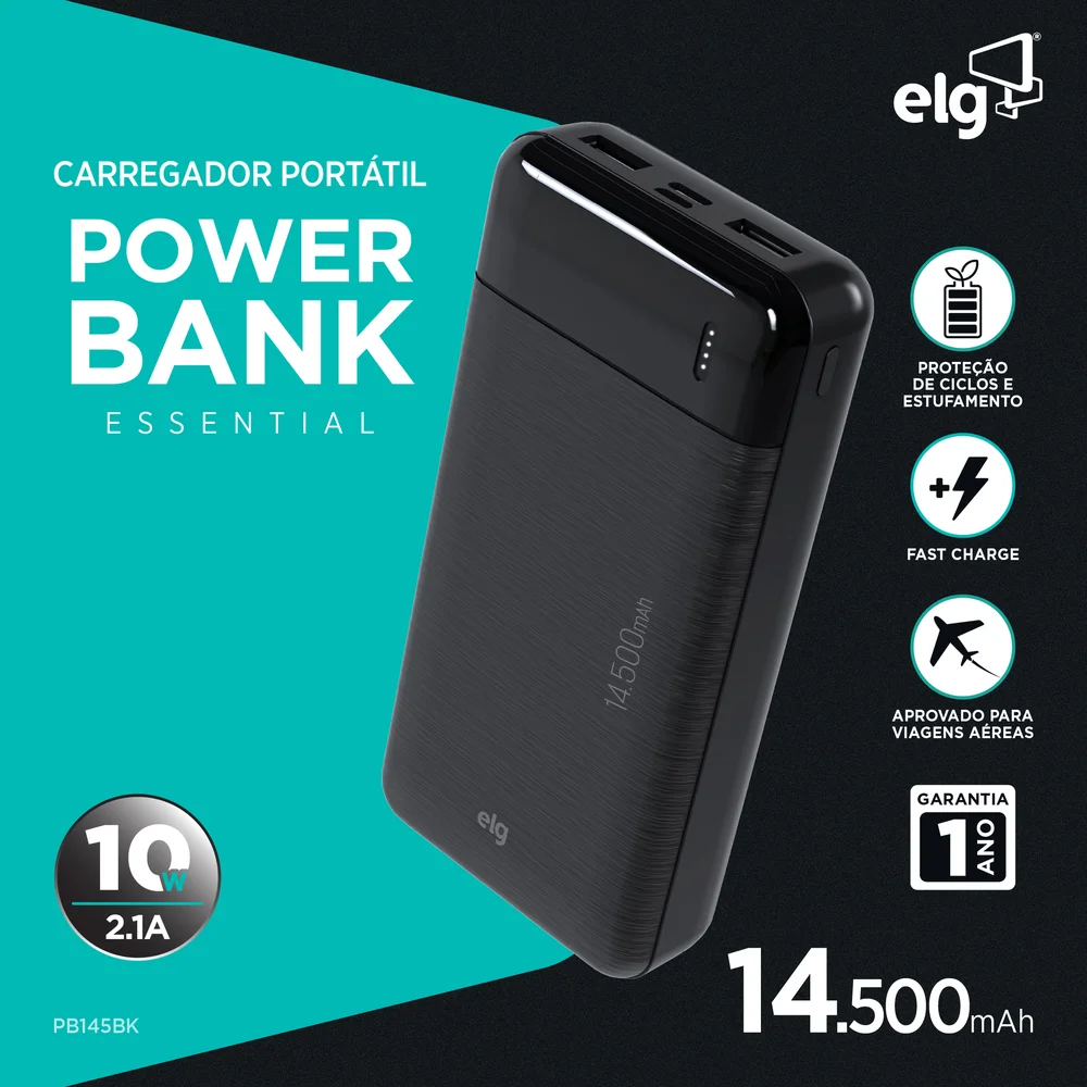 Imagem 2 de 5 do produto Power Bank Carregador Portátil, LED Indicador, 14500mah 10.5w, Turbo, Preto, Pb145bk, Elg