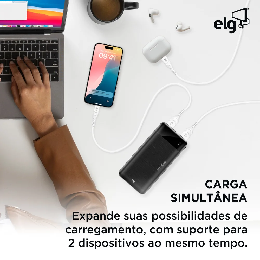 Imagem 3 de 5 do produto Power Bank Carregador Portátil, LED Indicador, 14500mah 10.5w, Turbo, Preto, Pb145bk, Elg