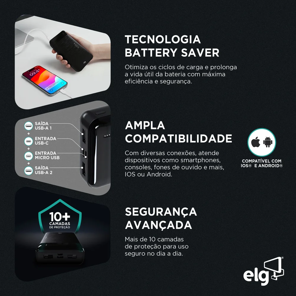 Imagem 4 de 5 do produto Power Bank Carregador Portátil, LED Indicador, 14500mah 10.5w, Turbo, Preto, Pb145bk, Elg