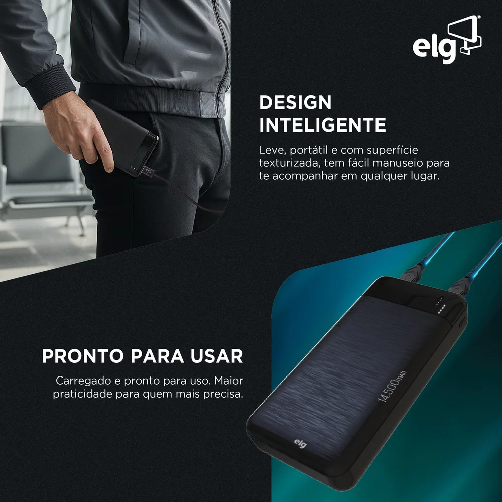 Imagem 5 de 5 do produto Power Bank Carregador Portátil, LED Indicador, 14500mah 10.5w, Turbo, Preto, Pb145bk, Elg