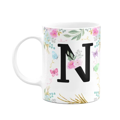 Caneca Floral - Inicial Do Nome Letra N - 325ml