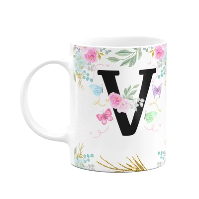 Caneca Floral - Inicial Do Nome Letra V - 325ml
