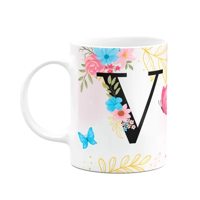 Caneca Floral Garden - Inicial Do Nome Letra V - 325ml