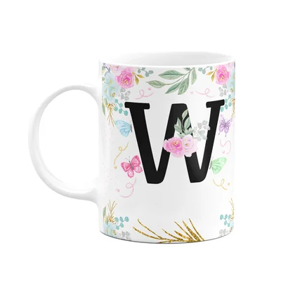 Caneca Floral - Inicial Do Nome Letra W - 325ml