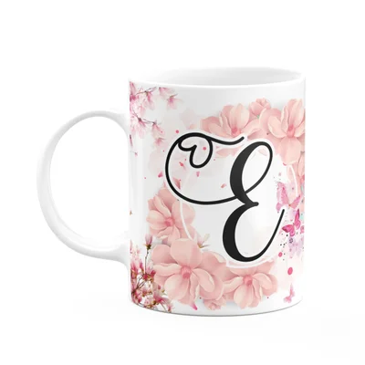 Caneca Floral Religiosa - Inicial Do Nome Letra E - 325ml