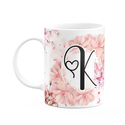 Caneca Floral Religiosa - Inicial Do Nome Letra K - 325ml