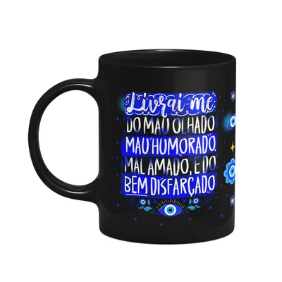 Caneca Proteção Olho Grego - Livrai-me Do Mal - Preta