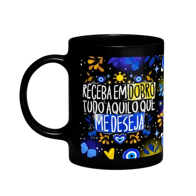 Caneca Proteção Olho Grego - Receba Em Dobro - Preta