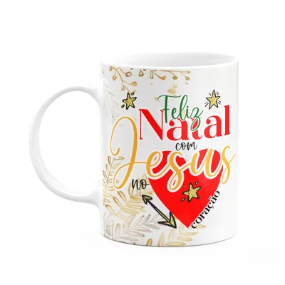 Caneca Natalina - Feliz Natal, Com Jesus No Coração - 325ml