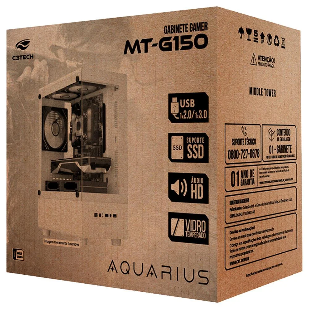 Imagem 4 de 4 do produto Gabinete Gamer, C3tech, Aquarius, Sem Fonte, Gaming, Vidro Temperado Frontal E Lateral, Portas Usb 3.0, Usb 2.0 E Entrada De Áudio, Branco - Mt-g150wh