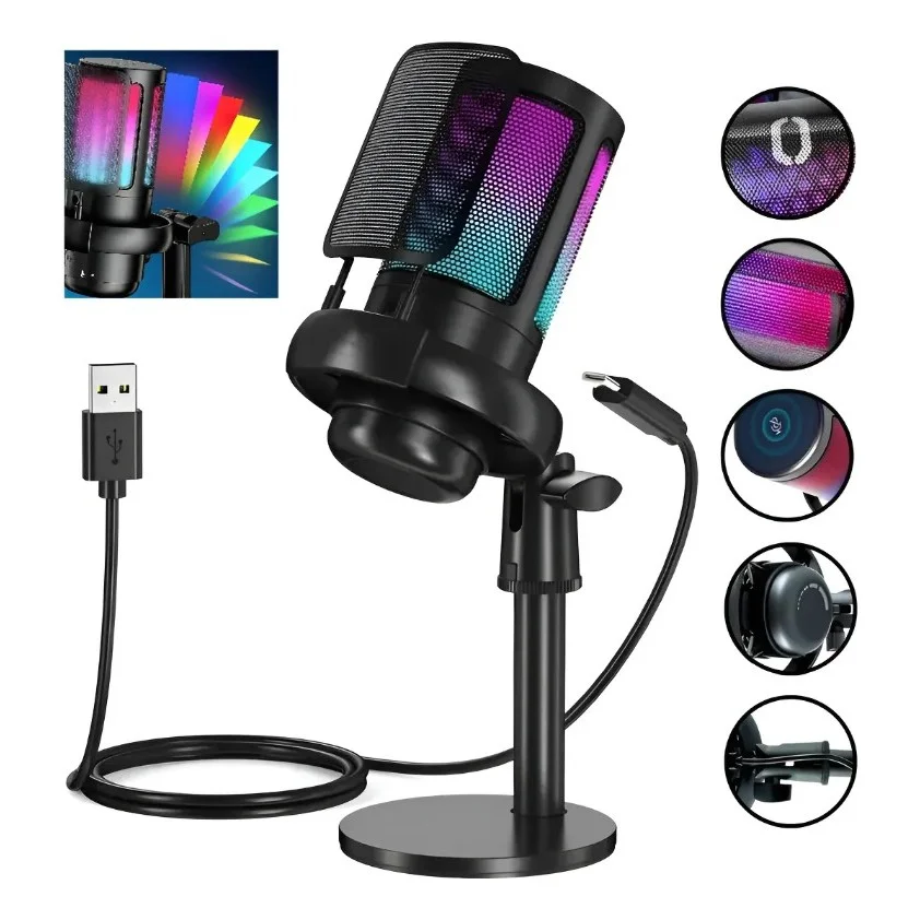 Imagem 2 de 5 do produto Microfone Condensador RGB Usb Tipo C Stream Lives