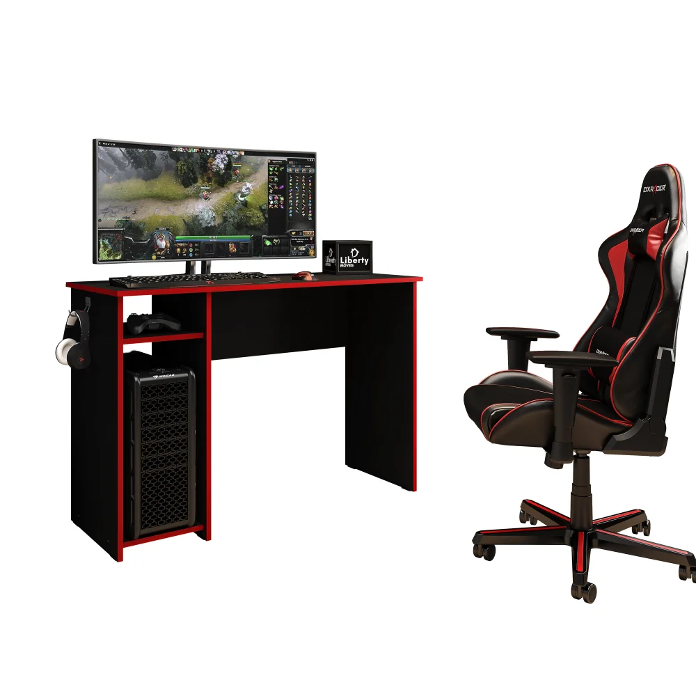 Mesa Gamer Escrivaninha 114cm Para Computador Liberty Móveis Preto E Vermelho Com Suporte De Fone E Montagem Reversível