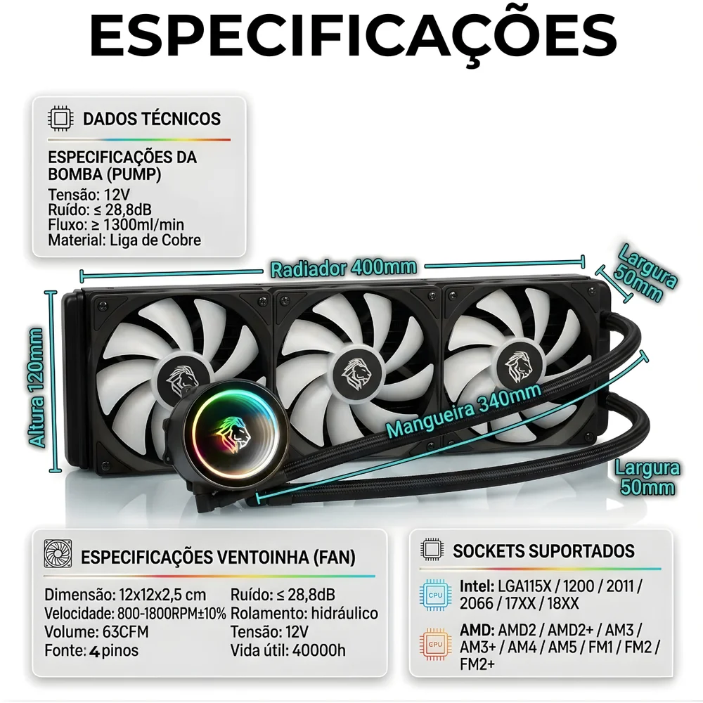 Imagem 2 de 4 do produto Water Cooler 360mm Gamer com 3 Fans LED RGB Raibow Silencioso Compatível Intel AMD Refrigeração Líquida PC Desktop