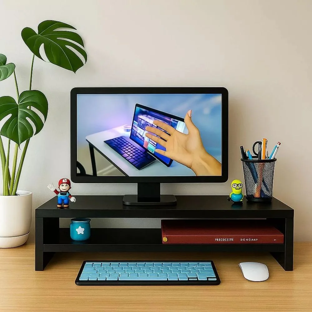 Imagem 3 de 5 do produto Suporte Monitor Duplo Para Escritório E Desktop Mdf - 70x20x10 Preto