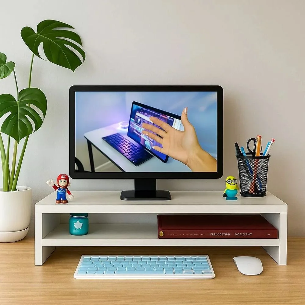 Imagem 3 de 5 do produto Suporte Monitor Duplo Para Escritório E Desktop Mdf - 60x20x10 Branco