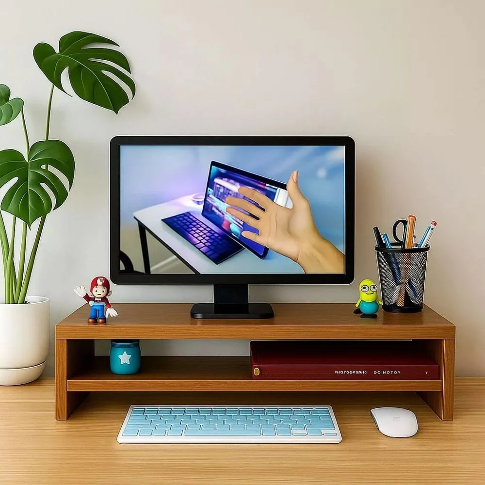 Imagem 3 de 5 do produto Suporte Monitor Duplo Para Escritório E Desktop Mdf - 60x20x10 Amadeirado