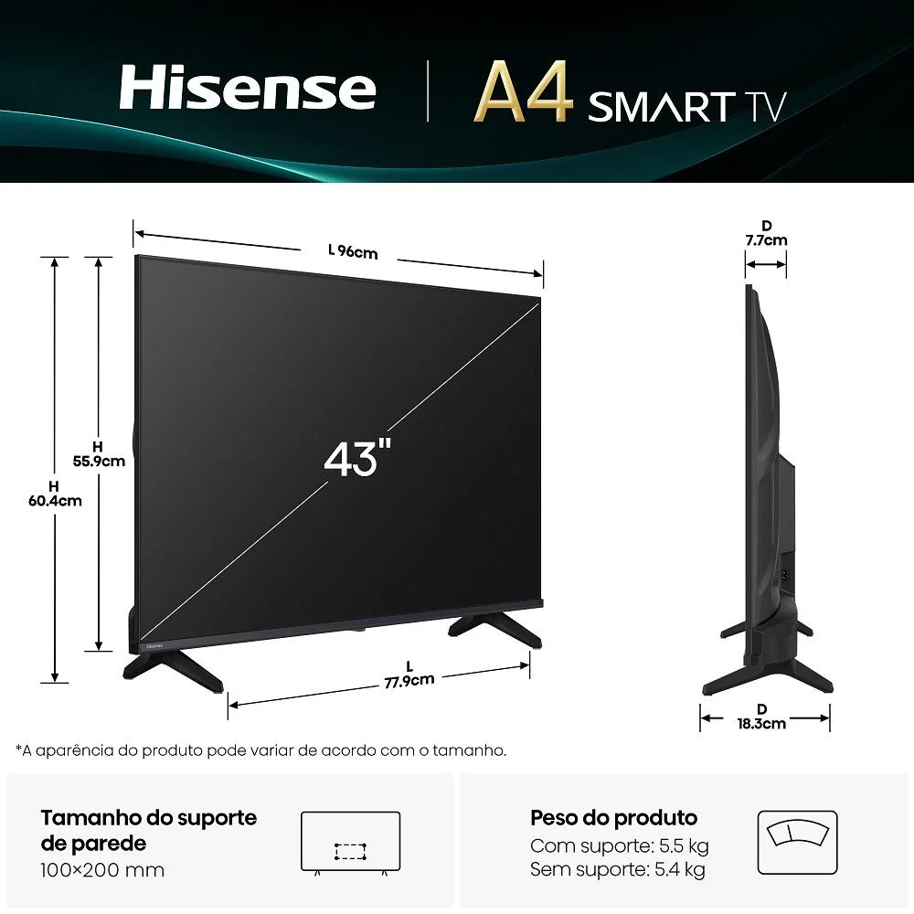 Smart Tv Hisense DLED Full Hd 43"" 43a4nv Com Processador Ai Hdr10 Dts Virtual X Dlna Alexa E Google - view 9