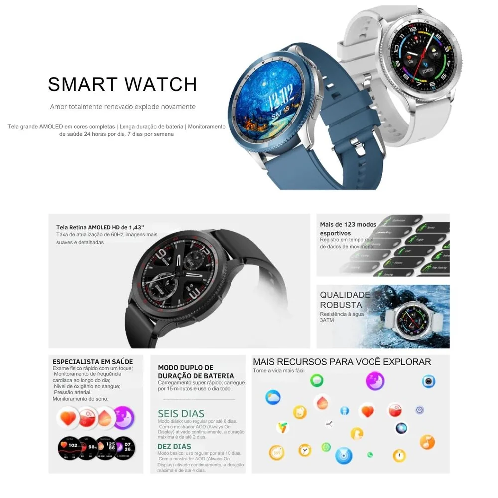 Imagem 5 de 5 do produto Smartwatch Peje Revo AmoLED Pulseira Extra A Prova D´água - Azul
