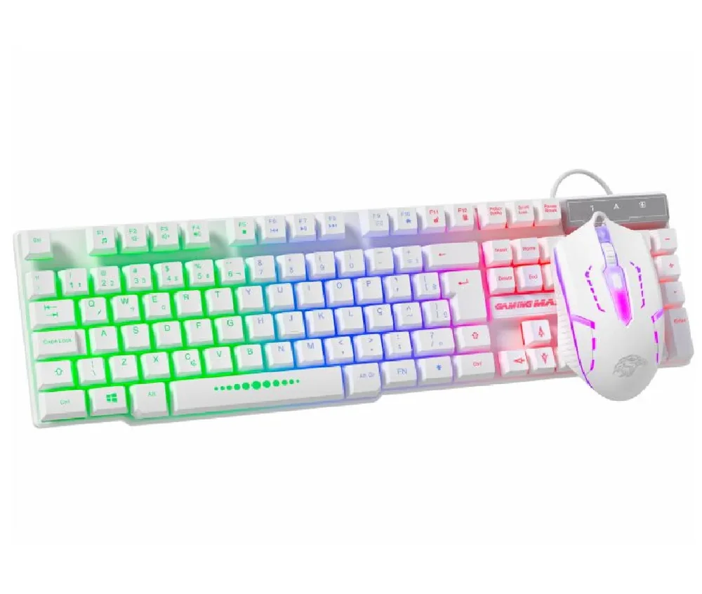 Imagem 5 de 5 do produto Kit Gamer K-Mex Branco RGB Rainbow Teclado ABNT2 + Mouse Óptico 1000 DPI Ergonômico USB