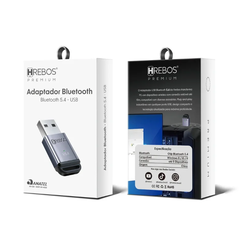 Imagem 2 de 5 do produto Adaptador Usb Bluetooth 5.4 Hrebos Ad-228 Para PC Notebook Fone Mouse Teclado Wireless Plug & Play