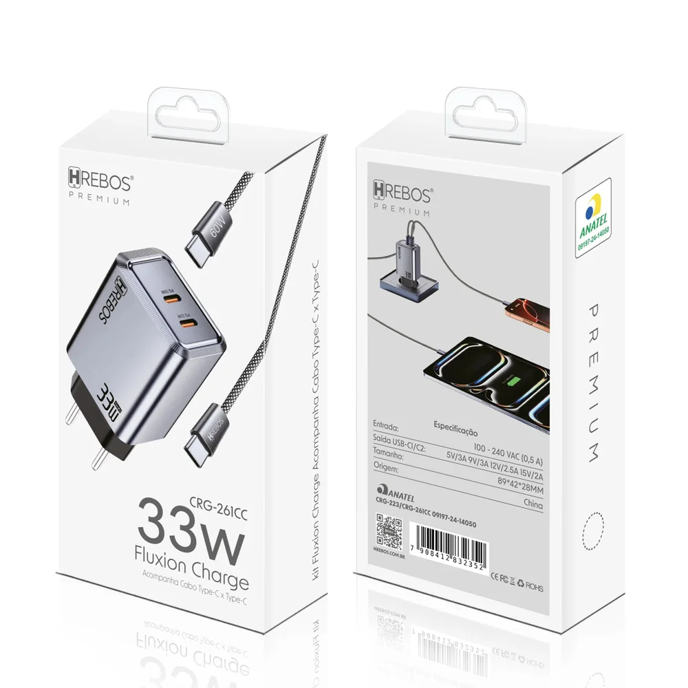 Imagem 3 de 5 do produto Carregador Hrebos Crg-261cc Fluxioncharge 33w + Cabo Usb-c