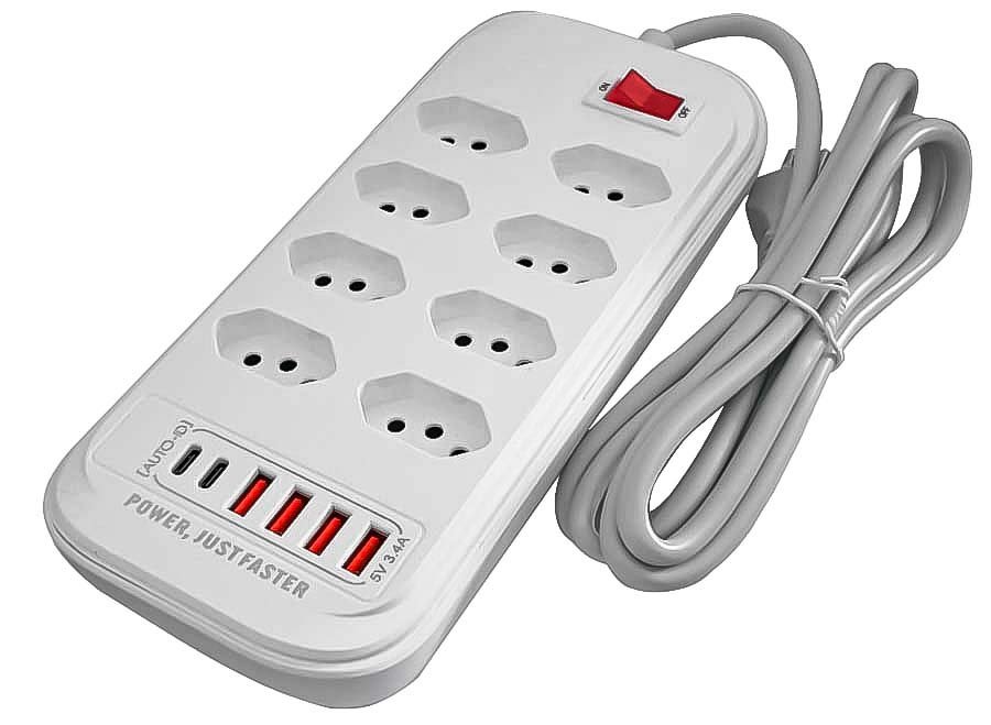 Filtro De Linha Regua De Energia 8 Tomadas Proteção Contra Surtos Elétricos(dps) Com 4 Usb 2 Tipo C Extensão Eletrica 2m