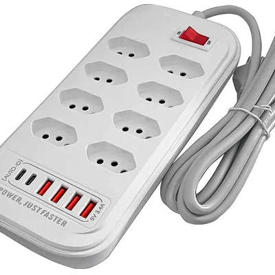 Filtro De Linha Regua De Energia 8 Tomadas Proteção Contra Surtos Elétricos(dps) Com 4 Usb 2 Tipo C Extensão Eletrica 2m