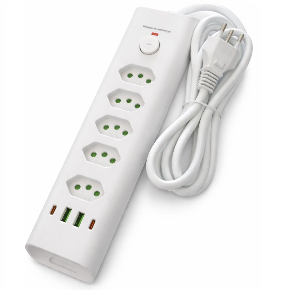 Filtro De Linha Com 5 Tomadas 10a 20a + Dps, Extensão Elétrica Bivolt Tripolar, Regua Com 4 Usb, Usb Tipo C Cabo 2m