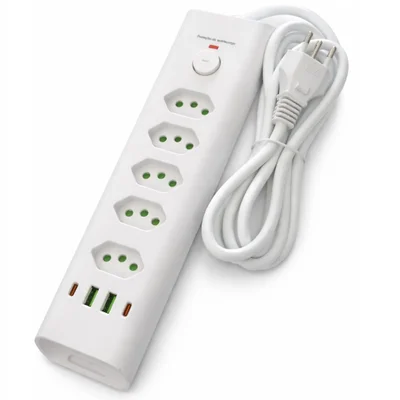 Filtro De Linha Com 5 Tomadas 10a 20a + Dps, Extensão Elétrica Bivolt Tripolar, Regua Com 4 Usb, Usb Tipo C Cabo 2m