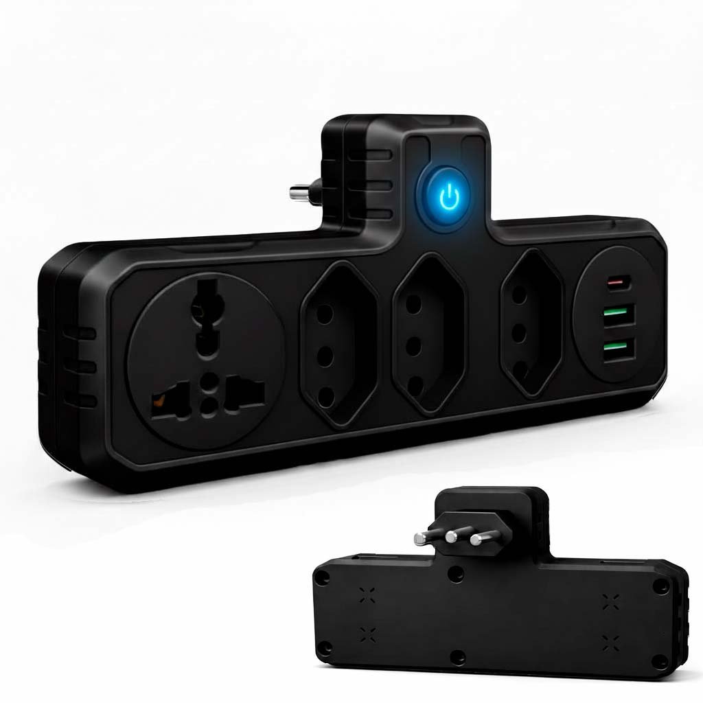 Filtro De Linha Benjamin Adaptador Universal 2 Usb Rapido 1 Tipo C Com Tomada Internacional E 3 Tomada 3p Bivolt - Preto