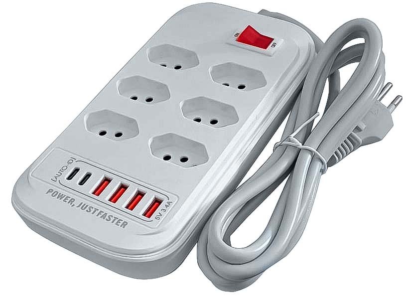 Protetor Eletrônico Filtro De Linha Com Usb 3.4a Carregamento Rapido E Tipo C 6 Tomadas Usb Bivolt Extensão Cabo 2m