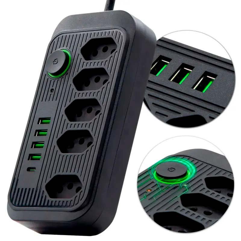 Filtro De Linha + Dps Regua De Energia Com 3 Usb + Tipo C E 5 Tomadas 3p Bivolt Universal C/ Protetor Descarga De Energia Cabo 2m