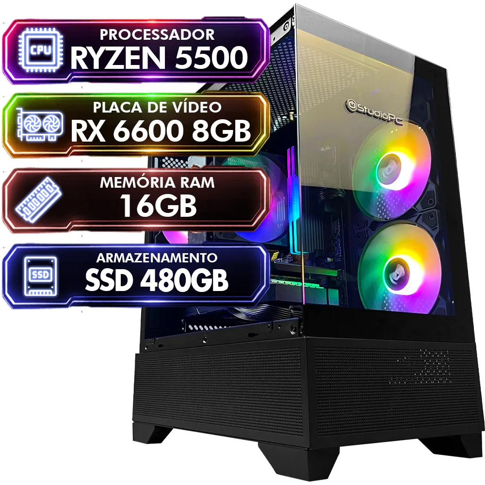 PC Gamer Balão.info Avant , Preto, Ryzen 5 5500, Placa De Vídeo Rx 6600 8GB, 16gb Ram, SSD 480GB, 500w  - 9216435