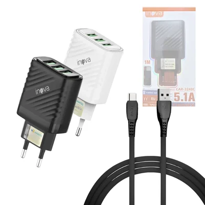 Carregador Turbo 03 Entradas Usb 5.1a Cabo Tipo-c De 1 Metro
