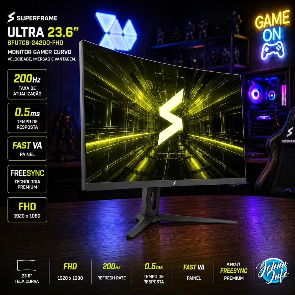 Monitor Gamer Superframe Ultra, 23.6 Pol, Curvo, Fhd, Fast Va, 0.5ms, 200hz, Freesync/g-sync, HDMI/dp, Preto, Sfutcb-24200-FULL HD Monitor Gamer Superframe Ultra, 23.6 Pol, Curvo, Fhd, Fast Va, 0.5ms, 200hz, Freesync/g-sync, HDMI/dp, Preto, Sfutcb-24200-FULL HD