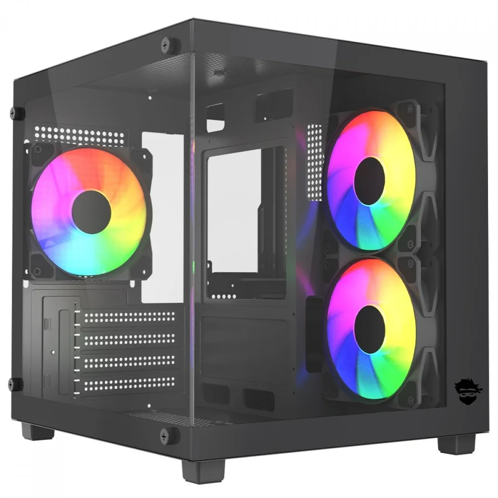 Gabinete Gamer Ninja Ryomaru, Mini Tower, Vidro Temperado, Matx, 3 Fans Rainbow, Preto, Gn-cs-rmmab3f