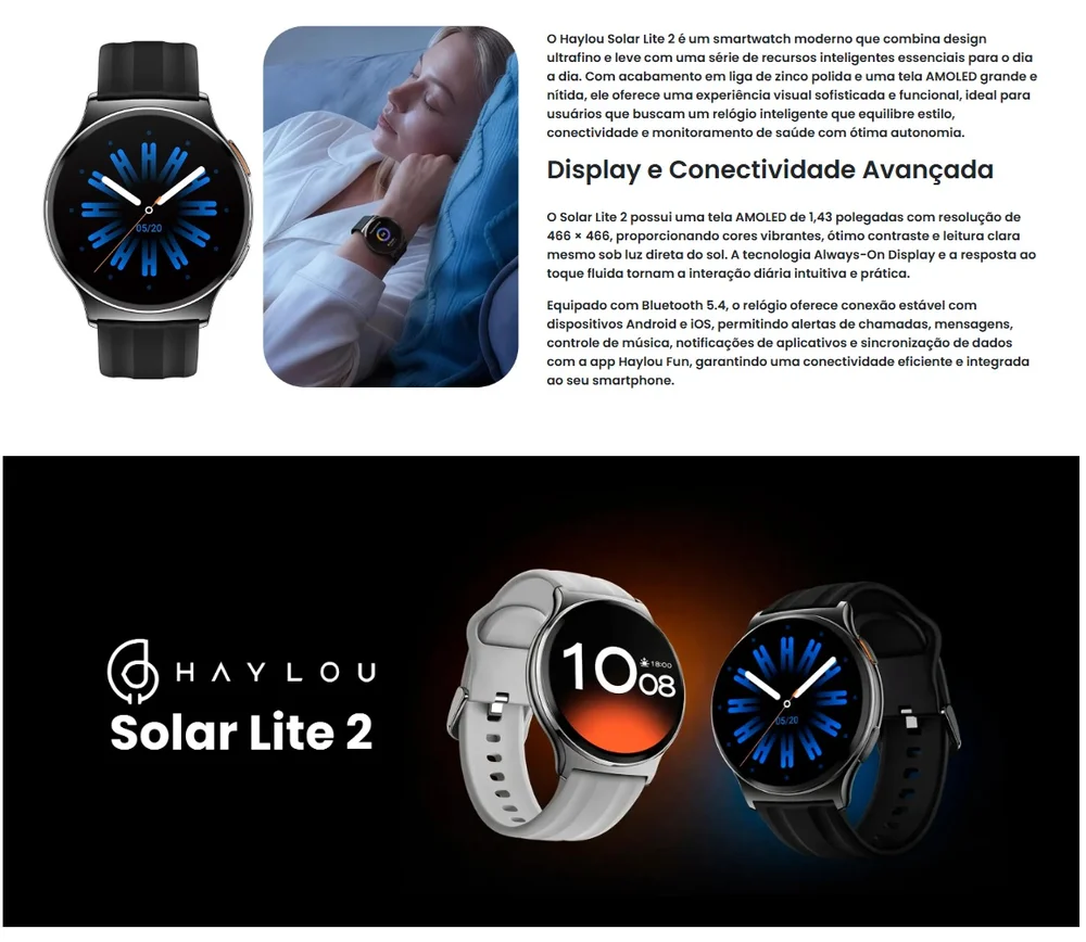 Imagem 2 de 5 do produto Smartwatch Haylou Solar Lite 2 Hcr01, Tela AmoLED 1,43, Chamadas, 1 Atm, Assistente De Voz - Preto